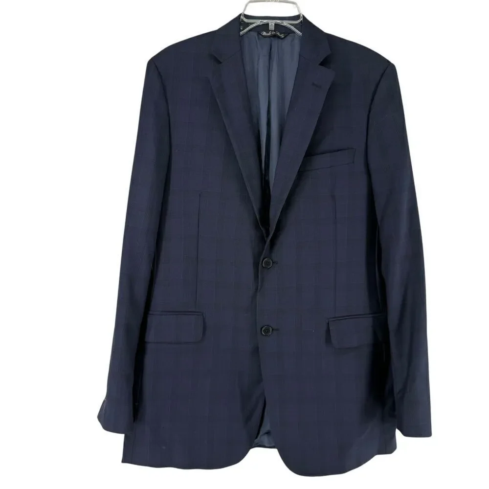 Ermenegildo Zenga Sport Coat Size 40 Slim Fit Navy Blue Plaid Traveller 5362